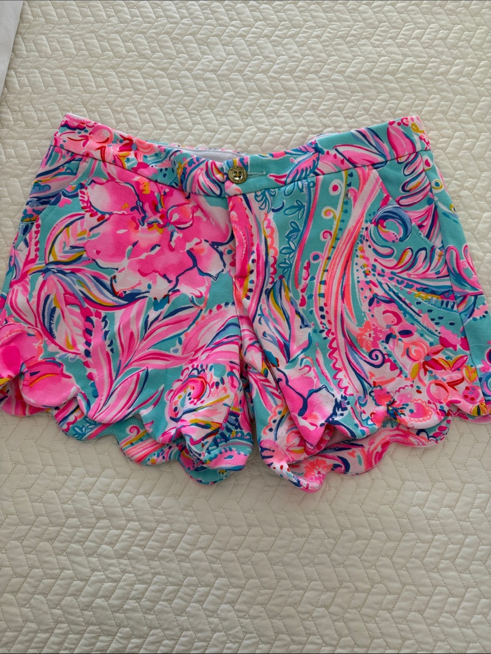 Lilly Pulitzer Pink & Teal Floral Scalloped Hem High Waist Shorts